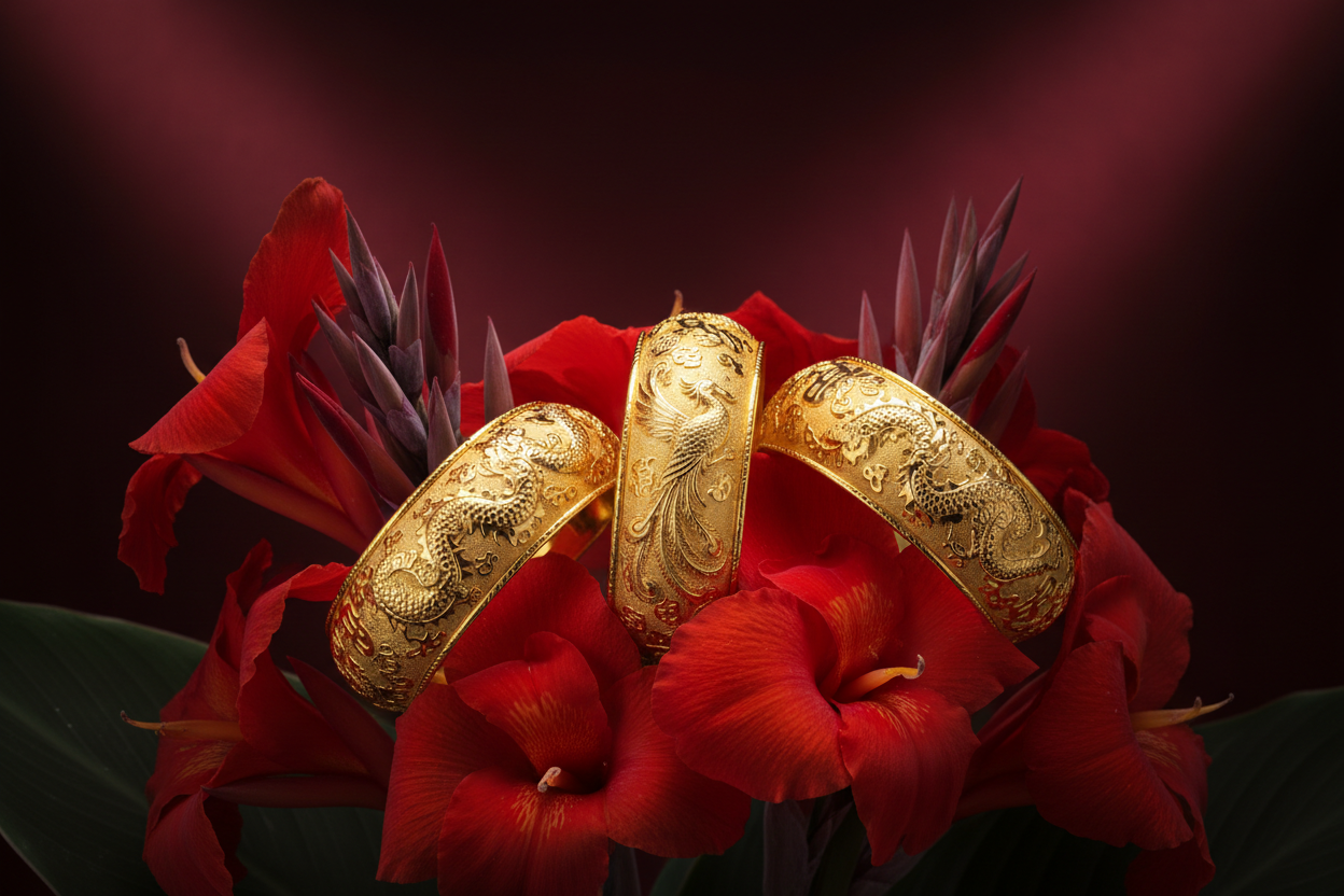 hyperrealistic product photo for 3 Chinese traditional 5cm wide thick 24k gold bangles with hyper realistic dragon and phoenix details , laying in hyper realistic beautiful red  canna lilies dark, mix of red and Burgundy back ground , mysterious dark lighting with lighting high lighting the product