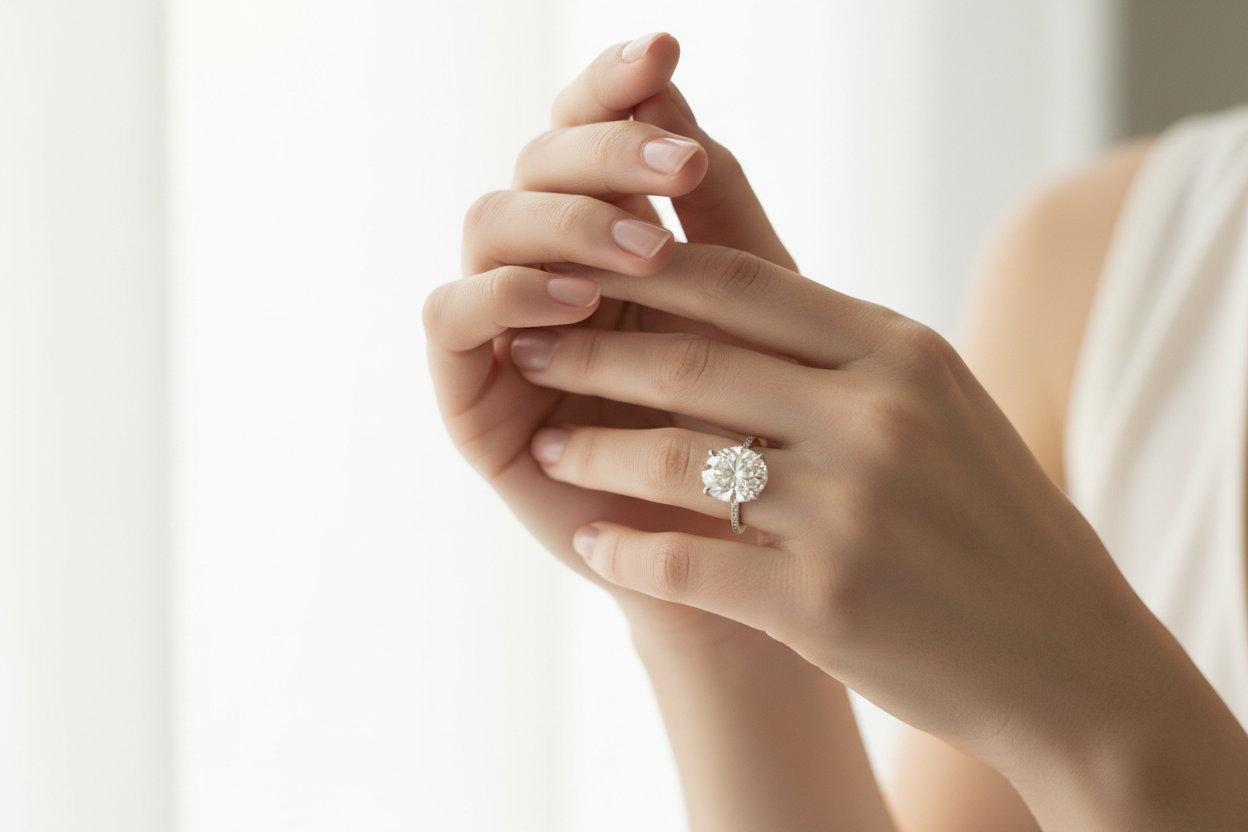 minimal photo, girl elegant hands, wearing a oval diamond engagement ring , hyper realistic 