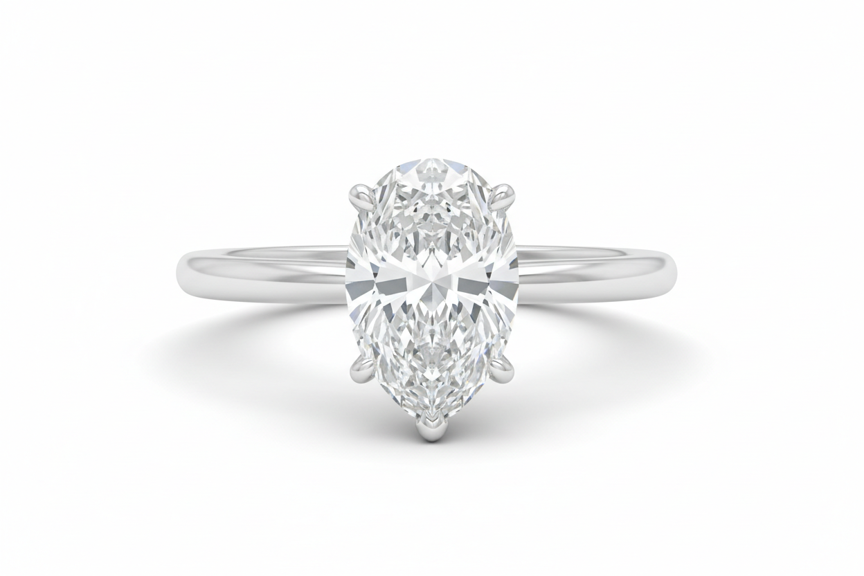 pear-shaped-diamond-in-a-solitaire-setting-with-white-gold-1-7mm-white-gold-band-hyper-photo-realistic-studio-lighting-showcasing-details-of-diamond-white-background-product-photo,  3 prong setting but the prong all look the same